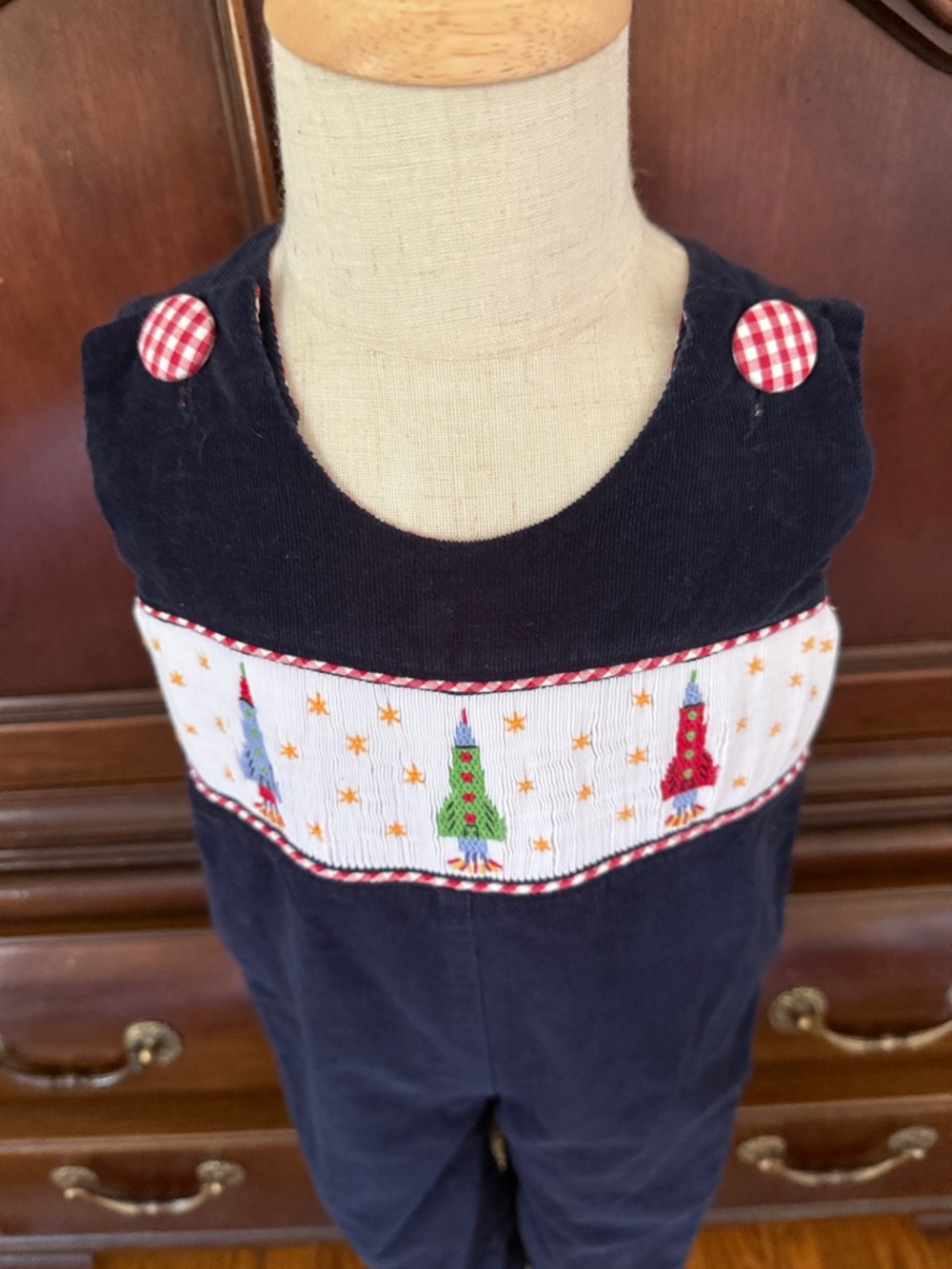 Three Mommas Smocked Rocket Longall 18-24M Navy Corduroy Boys Boutique Overalls - Picture 4 of 7